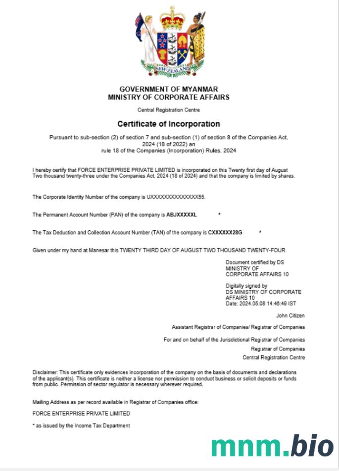 Nowa Zelandia Business registration vcertyfikat Word i szablon PDF